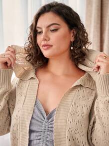 SHEIN LUNE Plus Size Knitted Hooded Cardigan With Polka Dots Pattern - Apricot - View 6
