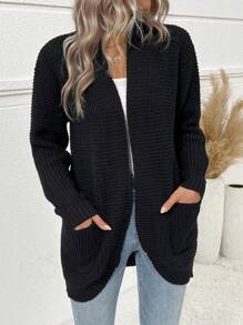 SHEIN LUNE 休閒拼接口袋開襟羊毛衫 - 黑色 - 查看 5