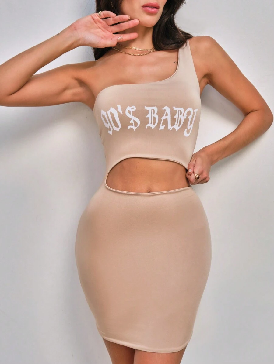 SHEIN Vestido Custo Cut Out Ombro Único Drapeado Lateral - Brown - View 1