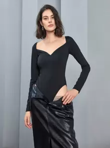 Anewsta 甜心領口長袖連身衣 - 黑色 - 查看 5