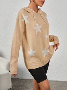 SHEIN EZwear 女式長袖連帽毛衣,設有五角星圖案 - 杏色 - 查看 6