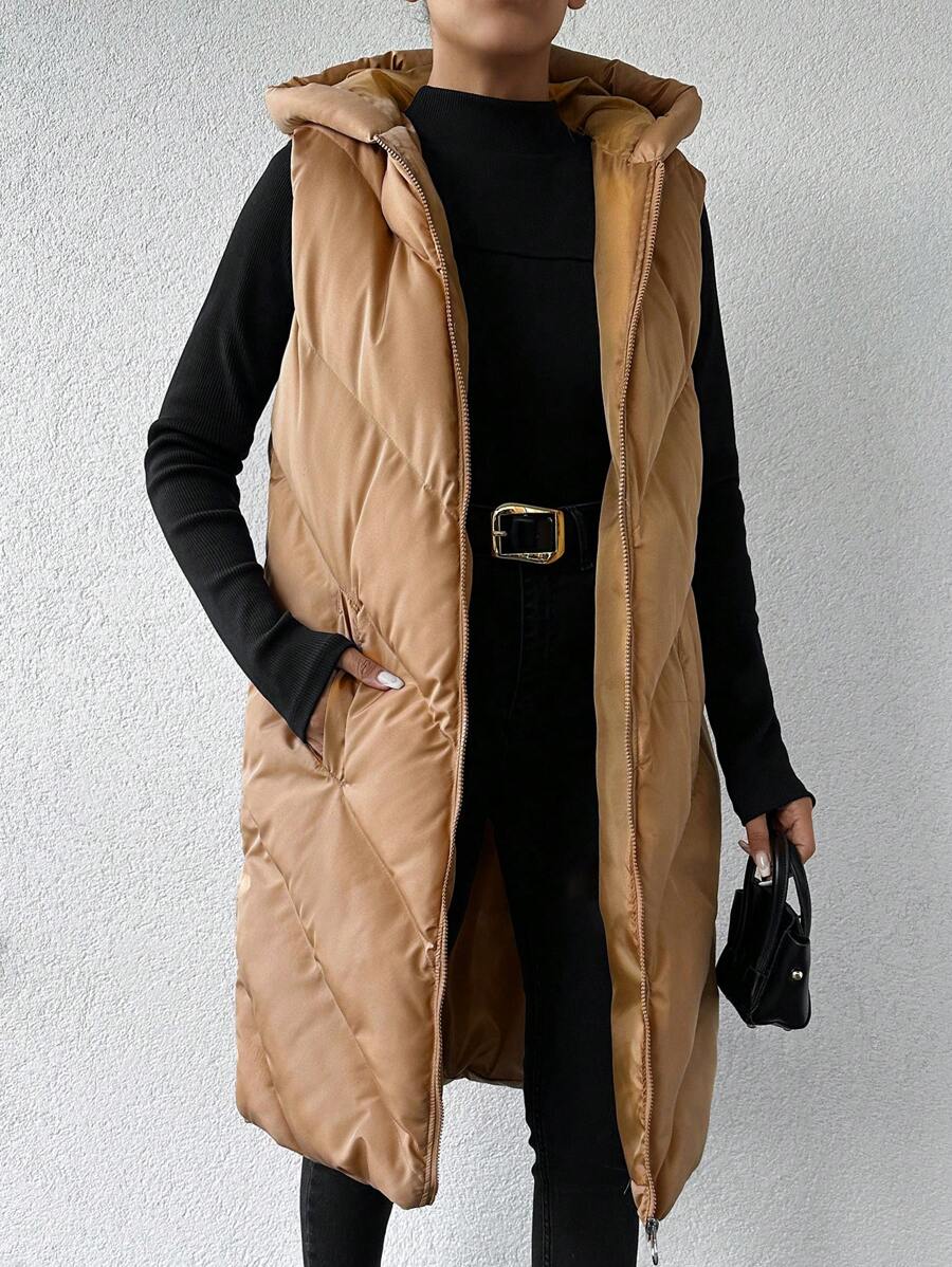 EURMUSE Women's Hooded Mid-length Vest - Camel - View 1