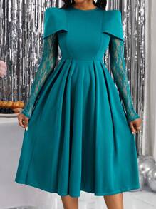 SHEIN Lady Women's Lace Splicing Dress With Angled Pockets Dress For Churches - Teal Blue - View 6