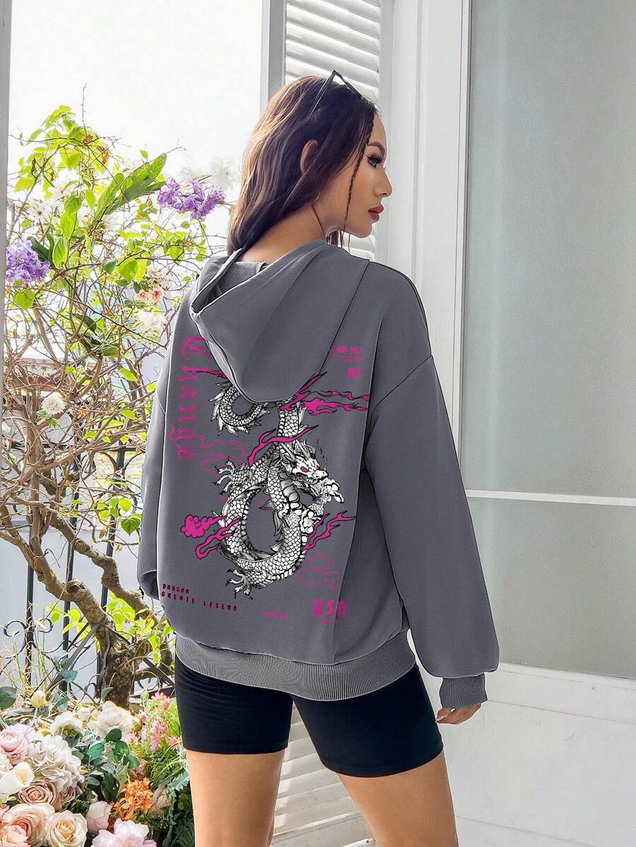 SHEIN EZwear 女士鬆身連帽衫,背面印有龍紋 - 霧霾藍 - 查看 1