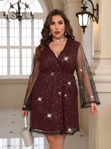 SHEIN Clasi Plus Size Mesh Splicing V-neck Dress - Burgundy - View 4