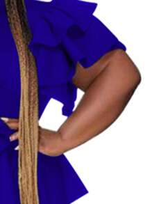 Plus Size Women's Summer Ruffles Waist Belt Solid Color Casual Fashion T-Shirt - Blue - View 7