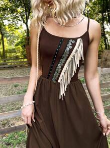 Dreamara Women's Patchwork Fringe Spaghetti Strap Dress