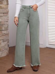 SHEIN LUNE 有磨損邊緣處理的牛仔褲 - 綠色 - 查看 5