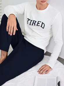 SHEIN Cottnline Men'S Letter Print Long Sleeve Top And Pants Homewear Set - Navy Blue - View 5