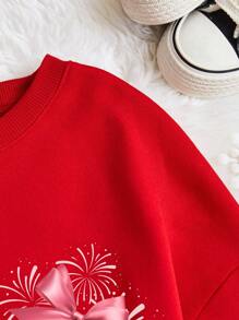 SHEIN EZwear 女士大碼新年標語印花聖誕圓領寬鬆運動衫 - 紅色 - 查看 3