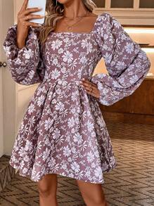 SHEIN Clasi 花卉印花燈籠袖洋裝 - 紫色 - 查看 6