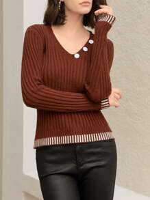 SHEIN Unity V-Neck False Button Long Sleeve Sweater Knit Pullover Fall Winter Outfit - Chocolate Brown - View 8
