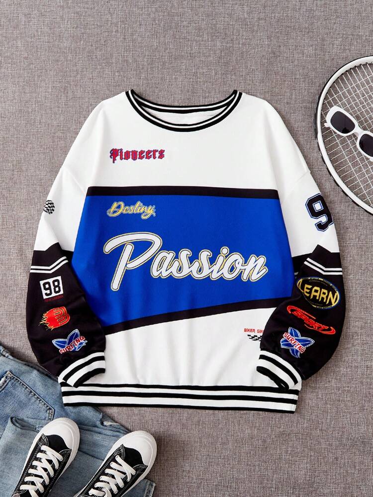 青少年女孩針織字母印花寬鬆套頭衫 - 彩色 - 查看 1