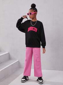 SHEIN 青少年女孩休閒街頭風格純色直腳貨物褲 - 西瓜粉 - 查看 5