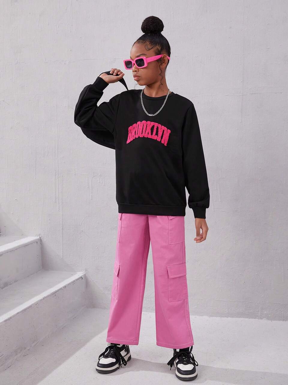 Tween Girls Casual Street Style Solid Color Straight Leg Cargo Pants