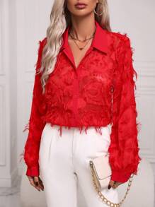 SHEIN Clasi 女磨邊純色燈籠袖襯衫 - 紅色 - 查看 5