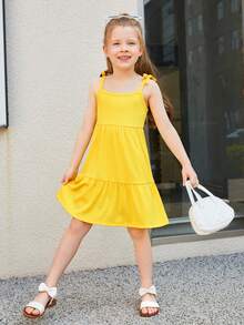 SHEIN Nhỏ bé Cô gái Đan Màu thuần Bowknot Dây đeo Váy dây treo , Hoàn hảo Đối với Kỳ nghỉ - Màu vàng - Xem 5