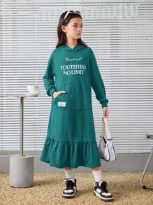 SHEIN 少女款卫衣连衣裙，带袋鼠口袋和字母印花设计 - 藍色 - 查看 1