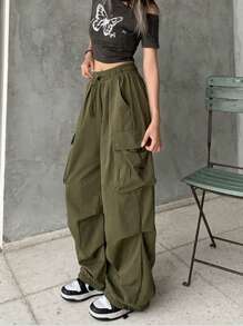 女式宽腿宽松休闲纯色复古抽绳工装裤