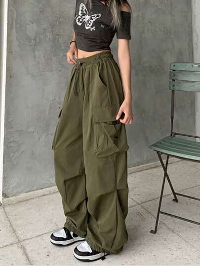 女式宽腿宽松休闲纯色复古抽绳工装裤
