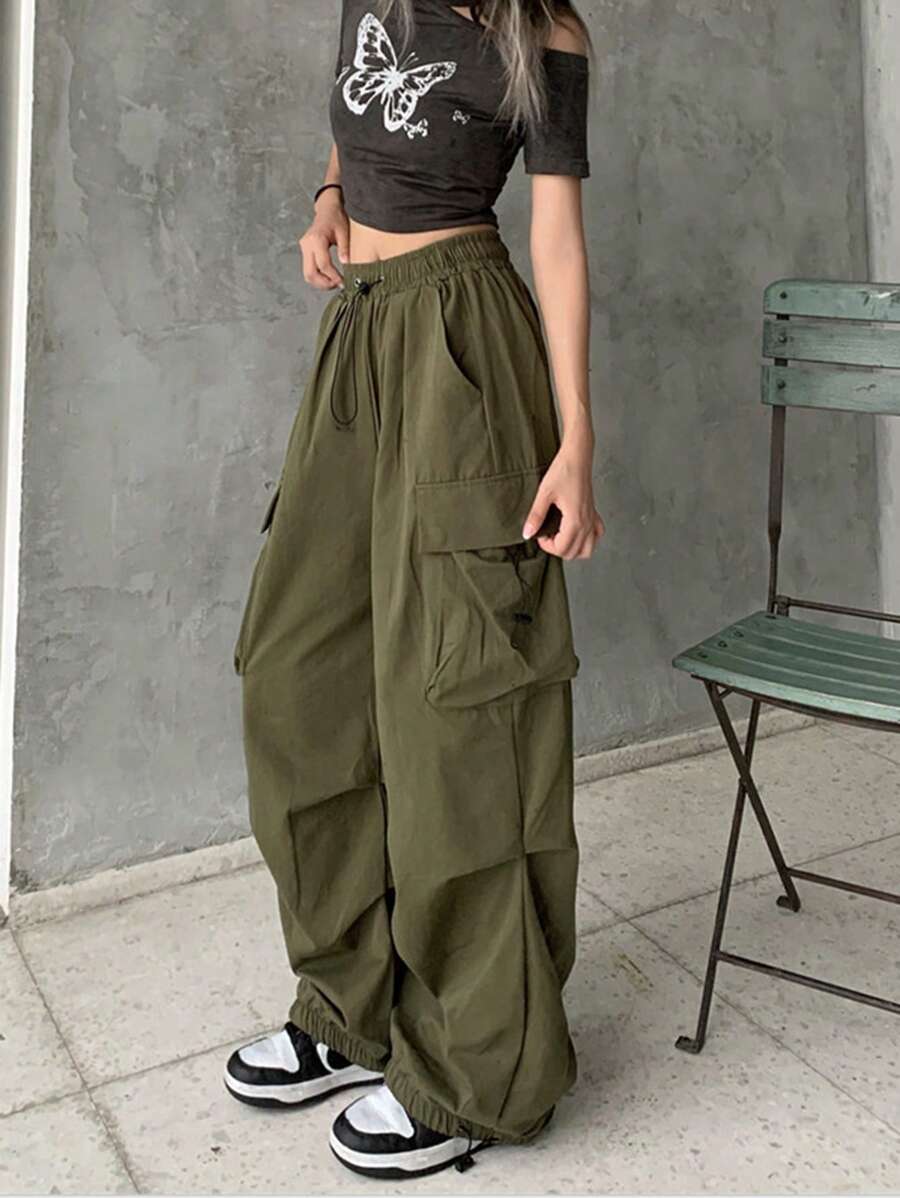 女式宽腿宽松休闲纯色复古抽绳工装裤