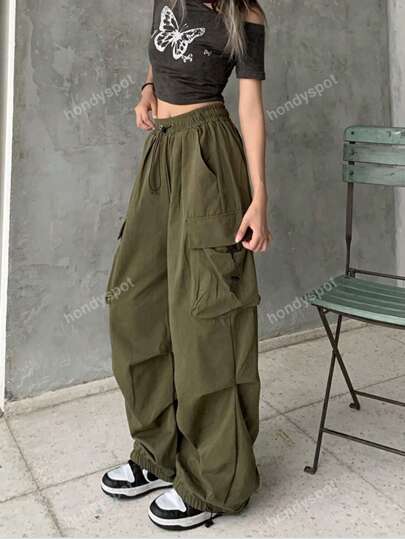 Women's Wide Leg Loose Casual Solid Color Vintage Drawstring Cargo Pants