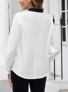SHEIN Clasi Blusa De Manga Larga Con Cuello De Lazo De Color Contrastante - Blanco - Ver 2