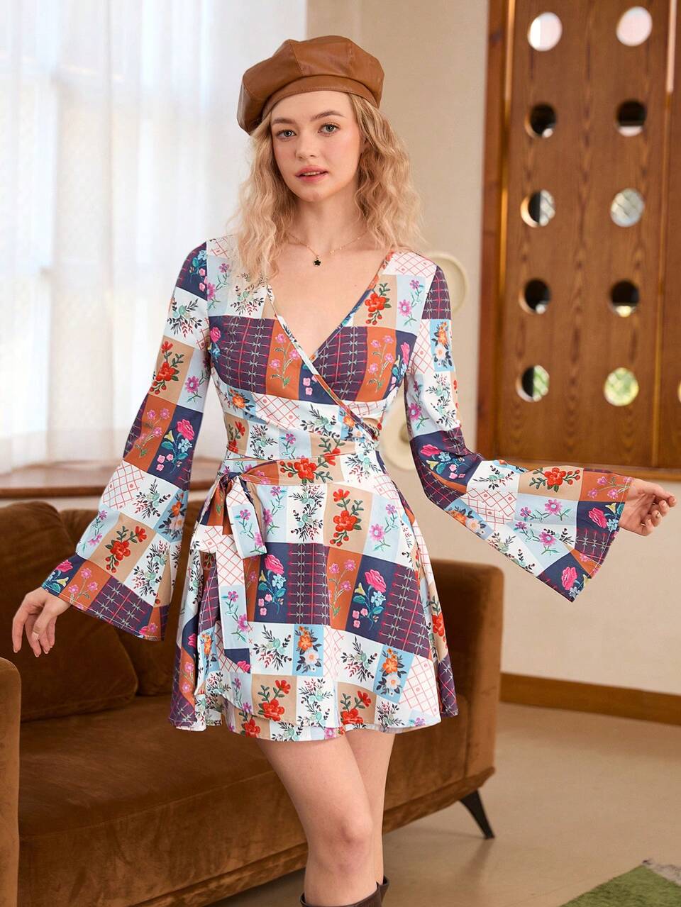 Women's Patchwork Floral Print Wrap Knot Two Piece Set