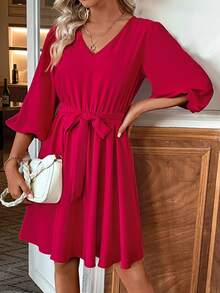 SHEIN LUNE Women's Solid Color Lantern Sleeve Dress With Waist Belt - Red - View 5