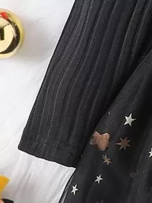 Gaun Bayi Perempuan Kontras Mesh Ruffle Rib-Knit Huruf Random Print - Hitam - View 5