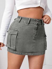 SHEIN EZwear Kích thước lớn Của phụ nữ Váy Denim Với Tiện ích Túi - Xám - Xem 5