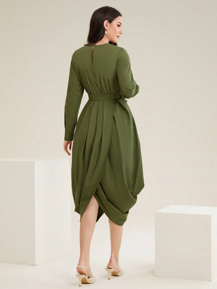 Solid Color Belted Wrapped Dress