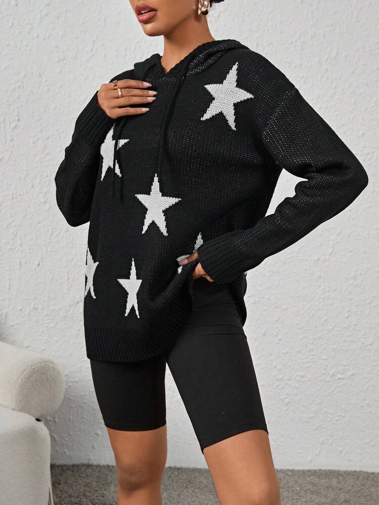 Women's Starry Patterned Long Sleeve Hooded Sweater