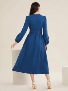 Mulvari Women's Solid Color Lantern Sleeve Belted Dress - Teal Blue - View 2