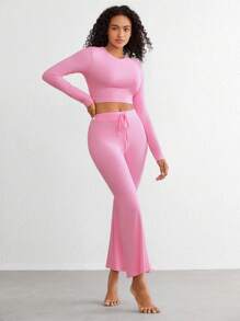 Ocili 女性純色上下裝家居服套裝 - 粉色 - 查看 4