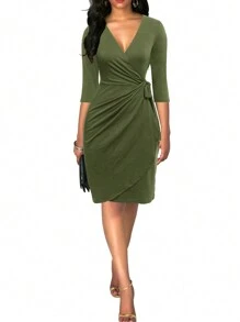 Vestido elegante de mujer de unicolor con lazo en la cintura y manga corta - Verde militar - Ver 1