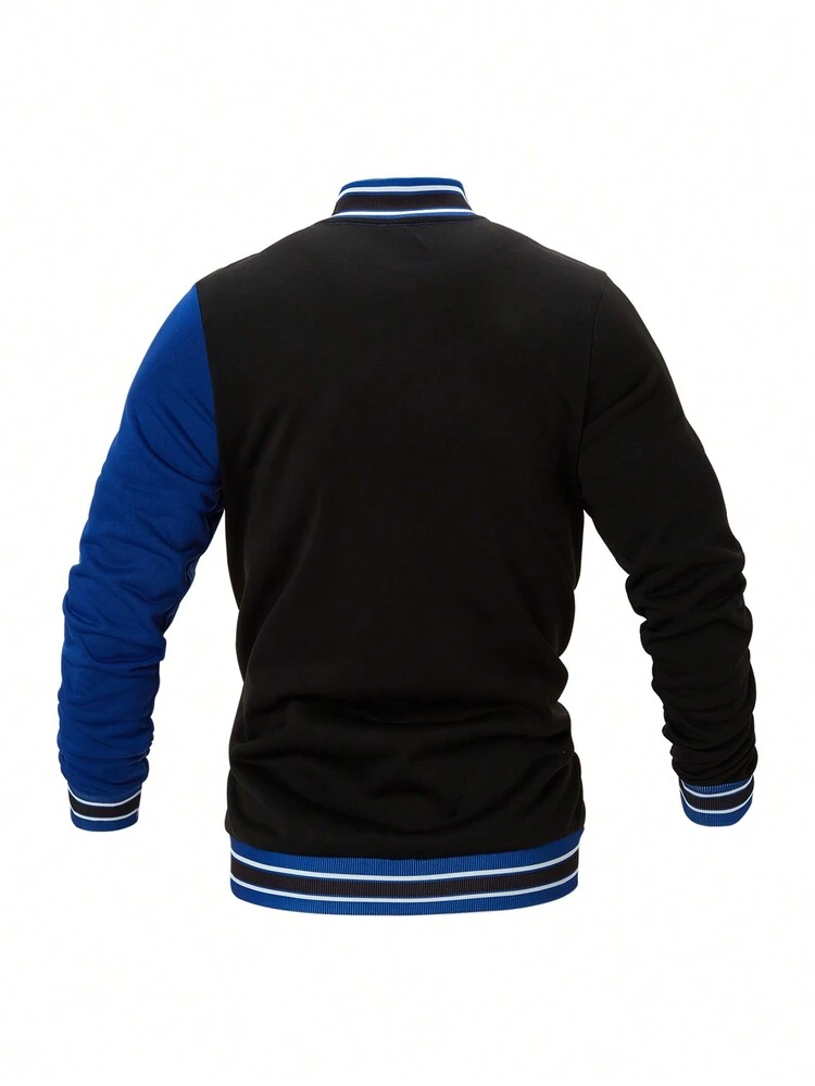 Men's Color Block Baseball Jacket With Letter Print