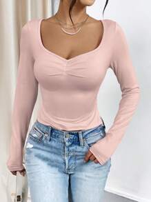 SHEIN Essnce 心形領長袖t恤 - 淺粉色 - 查看 1