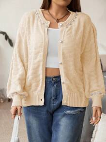 Flirla Plus Size Women's Beaded Decor Hollow Out Cardigan With A Graceful Elegant - Apricot - View 3