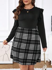 SHEIN Frenchy Kích thước lớn Kẻ sọc Đầm Với Ruffled Không có thắt lưng - màu đen - Xem 4