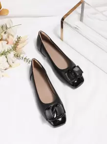 Fall/Winter Chain & Bow Decor Square Toe Ballet Flats - Black - View 3