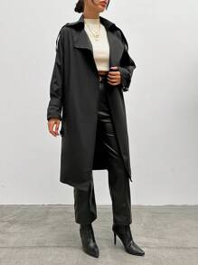 EURMUSE Turn-down Collar Coat With Pockets And Side Stripes - Black - View 3