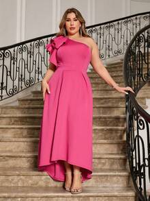 One Shoulder A-Line Dress Swing Prom Dress - Hot Pink - View 7