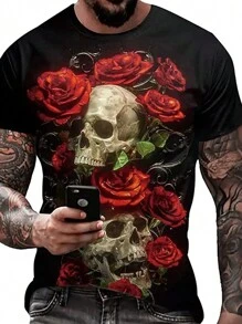 Men Plus Floral & Skull Print Tee, For Halloween - Black - View 1