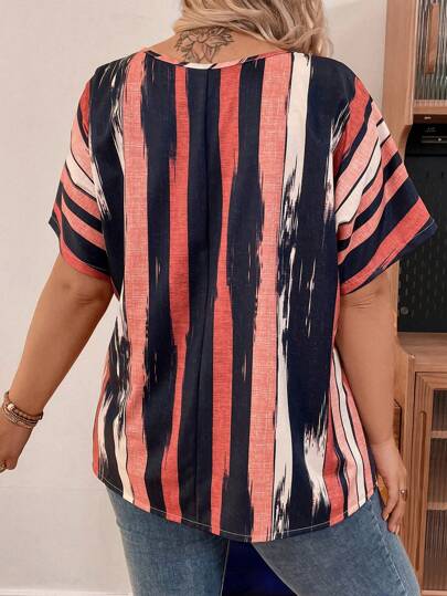 Luneh Plus Size Women Casual Woven Printed Multi-Color Asymmetrical Striped Round Neck Loose Summer Blouse