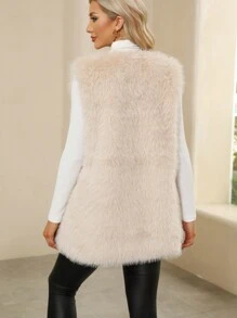 Elegant Women's Faux Fur Sleeveless Vest Regular Length V Neck Coat With Regular Hem - Apricot - View 2