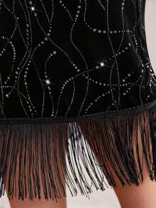 Modelyn Plus Size Women'S Draped Collar Long Sleeve T-Shirt And Patchwork Fringe Hem Skirt Set - Black - View 6