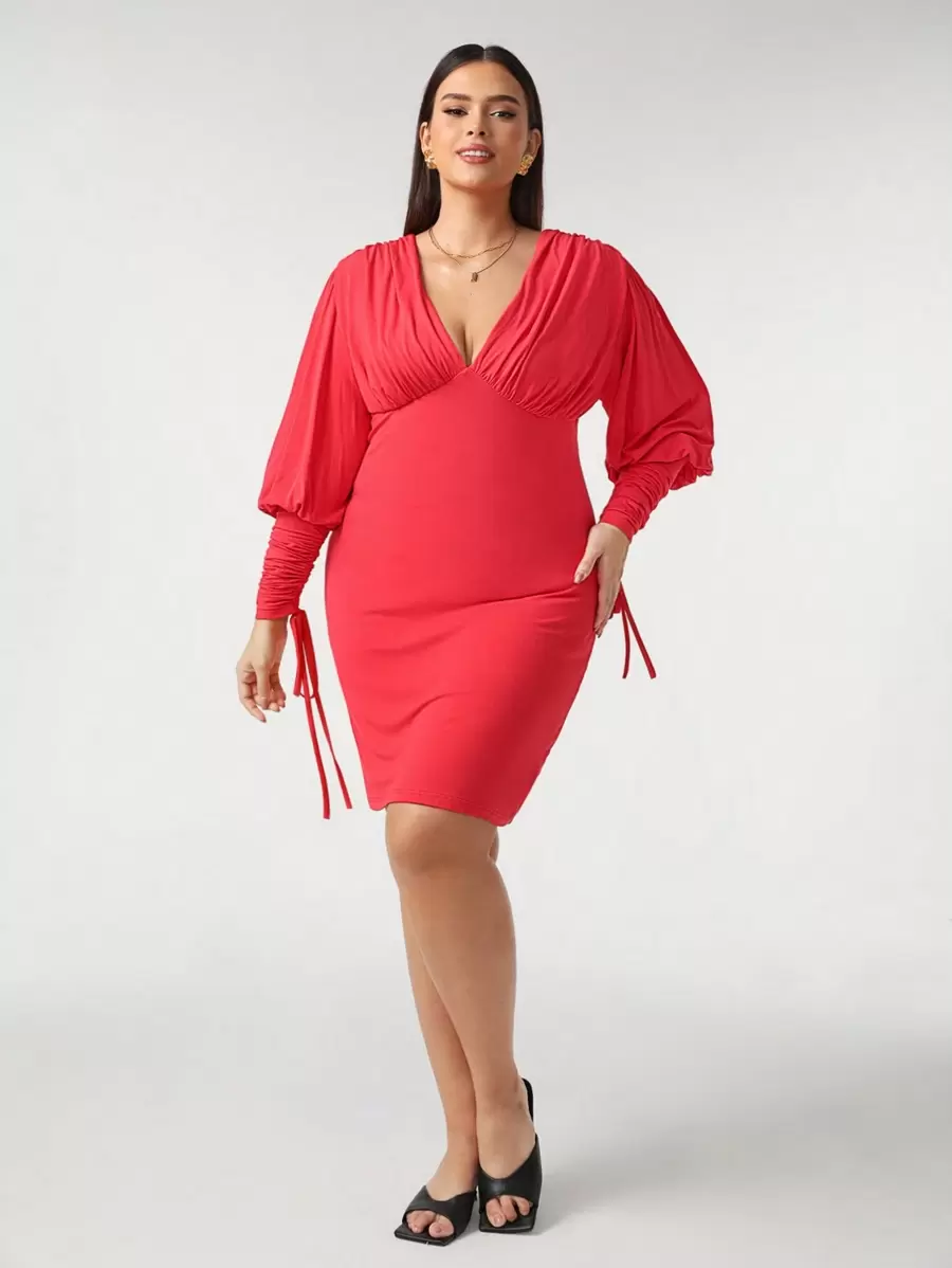 MOCHEI Designer Plus Plunging Neck Drawstring Sleeve Bodycon Elegant Dress, For Holiday, Party, Birthday Outfits, Festival, Wedding, Prom Dress - Red - View 1