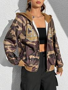 SHEIN Unity 迷彩字母印花束口帽衫 - 軍綠色 - 查看 3