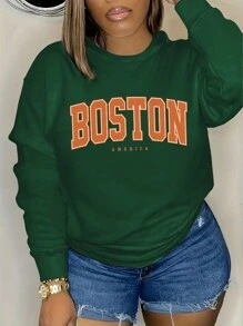 SHEIN EZwear Áo nỉ in chữ cỡ lớn, thích hợp cho lễ tốt nghiệp, tựu trường, áo chui đầu cho giáo viên, mùa thu đông. - Màu xanh lá cây đậm - Xem 1